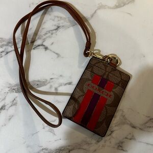 Coach Brown Lanyard ID Holder with Red Frame